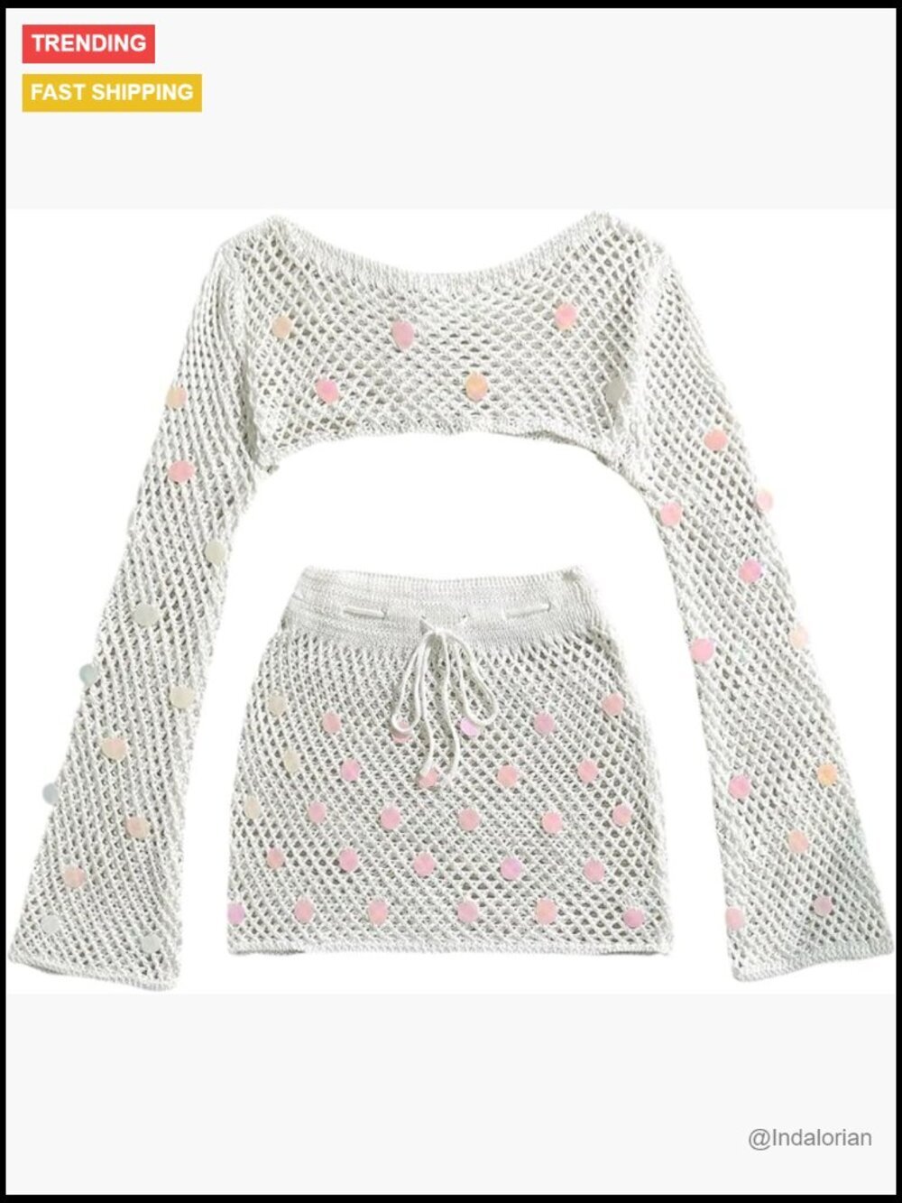Sequin Crochet Knit Swimsuit Cover Up Set Long Sleeve Crop Top and Skirt